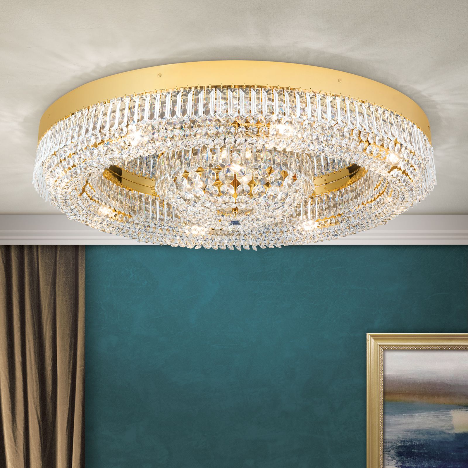 Crystal ceiling light SATURN, 85cm, gold finish