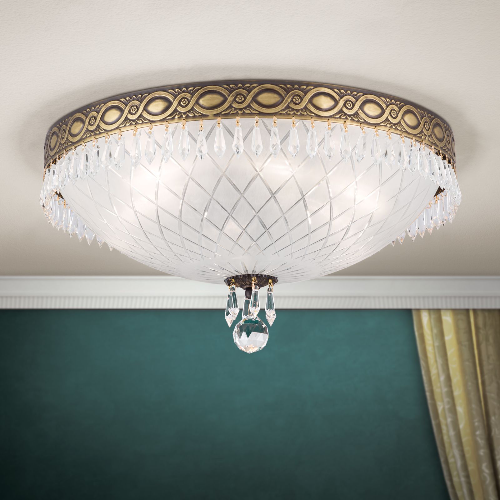 Ceiling Light EMPIRE CRYSTAL with satin diffused cut glass, 45cm, antique brass finish