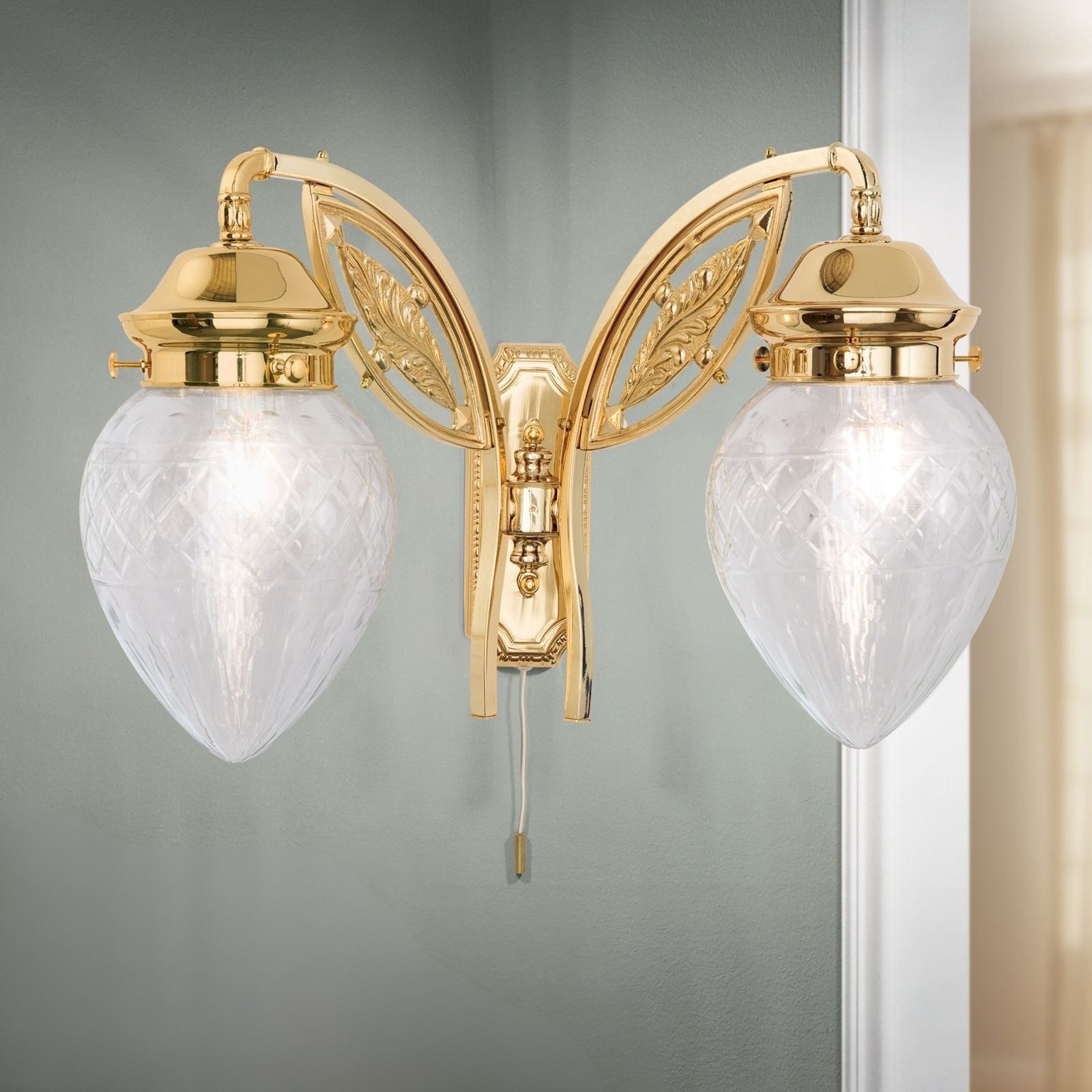 Wall light BUDAPEST, 2 lamps in 24K gold plated finish with clear cut glasses