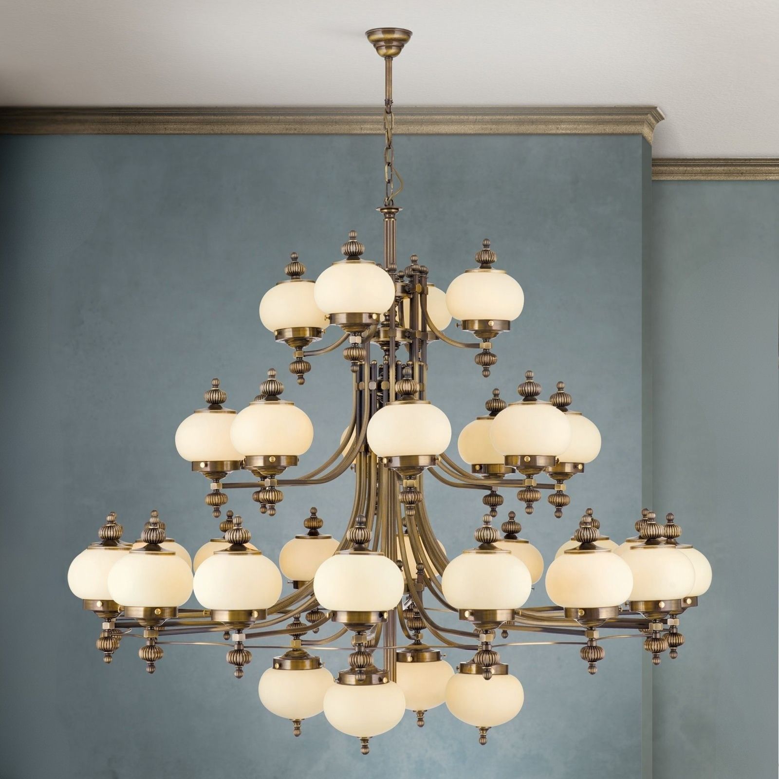 Chandelier WIENER NOSTALGIE, 4+16+8+4 lamps, antique brass finish, upwards, champagne coloured glasses