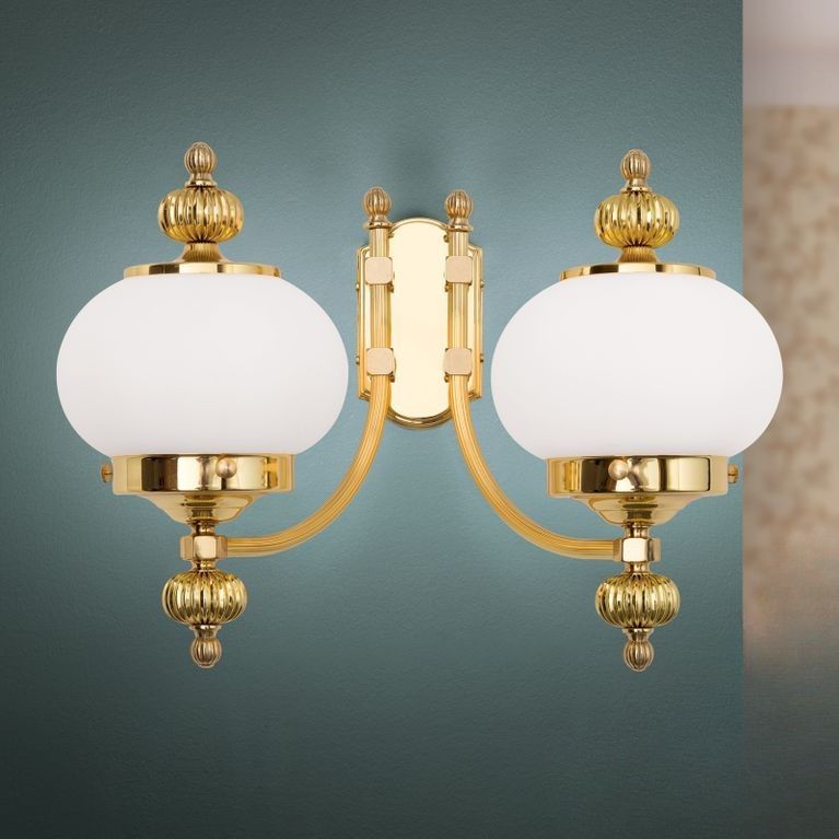 Wall light WIENER NOSTALGIE, 2-flames, shiny brass, with opal matt glass, upwards