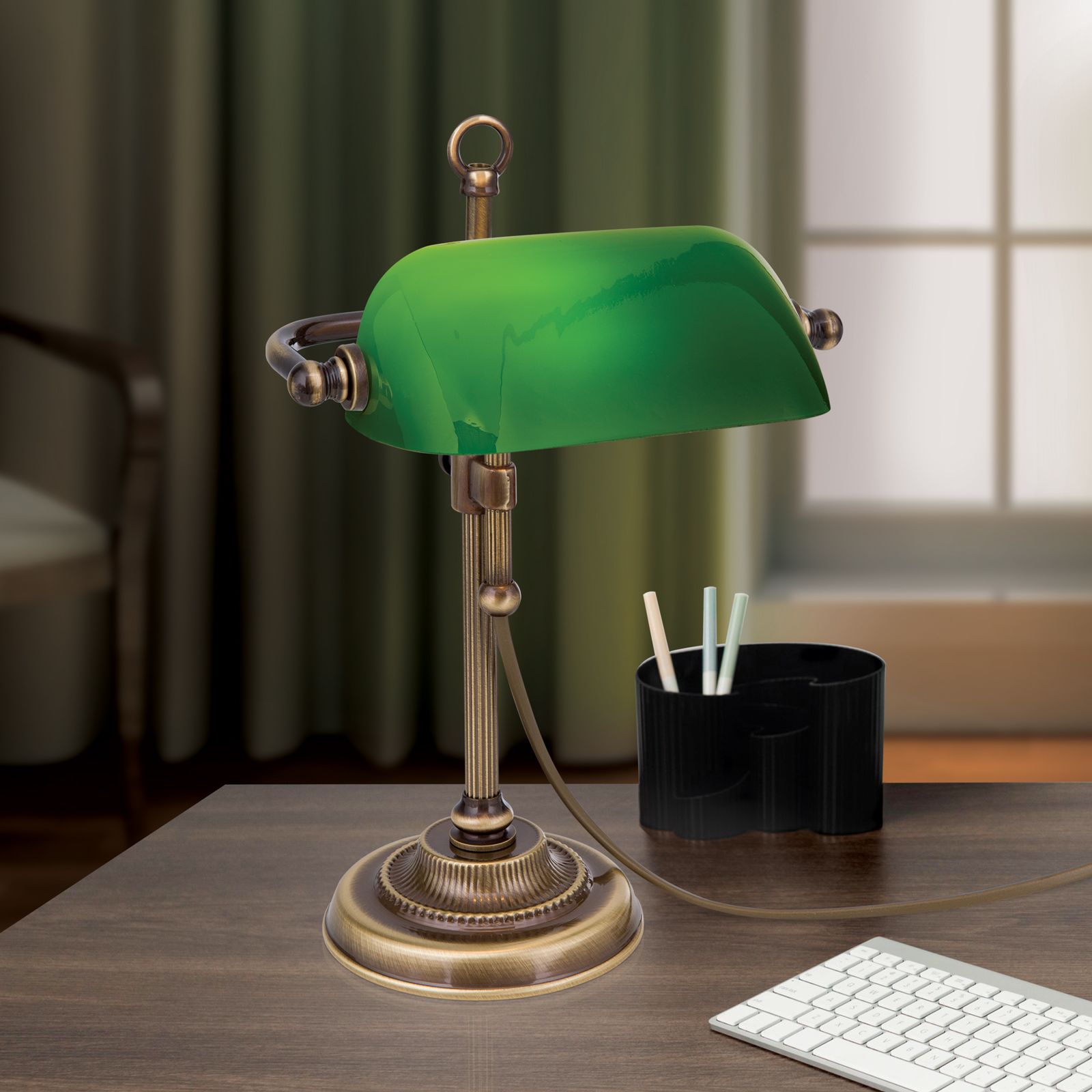 Bankerslamp HARVARD, Patina mit grünem Glasschirm, 32cm