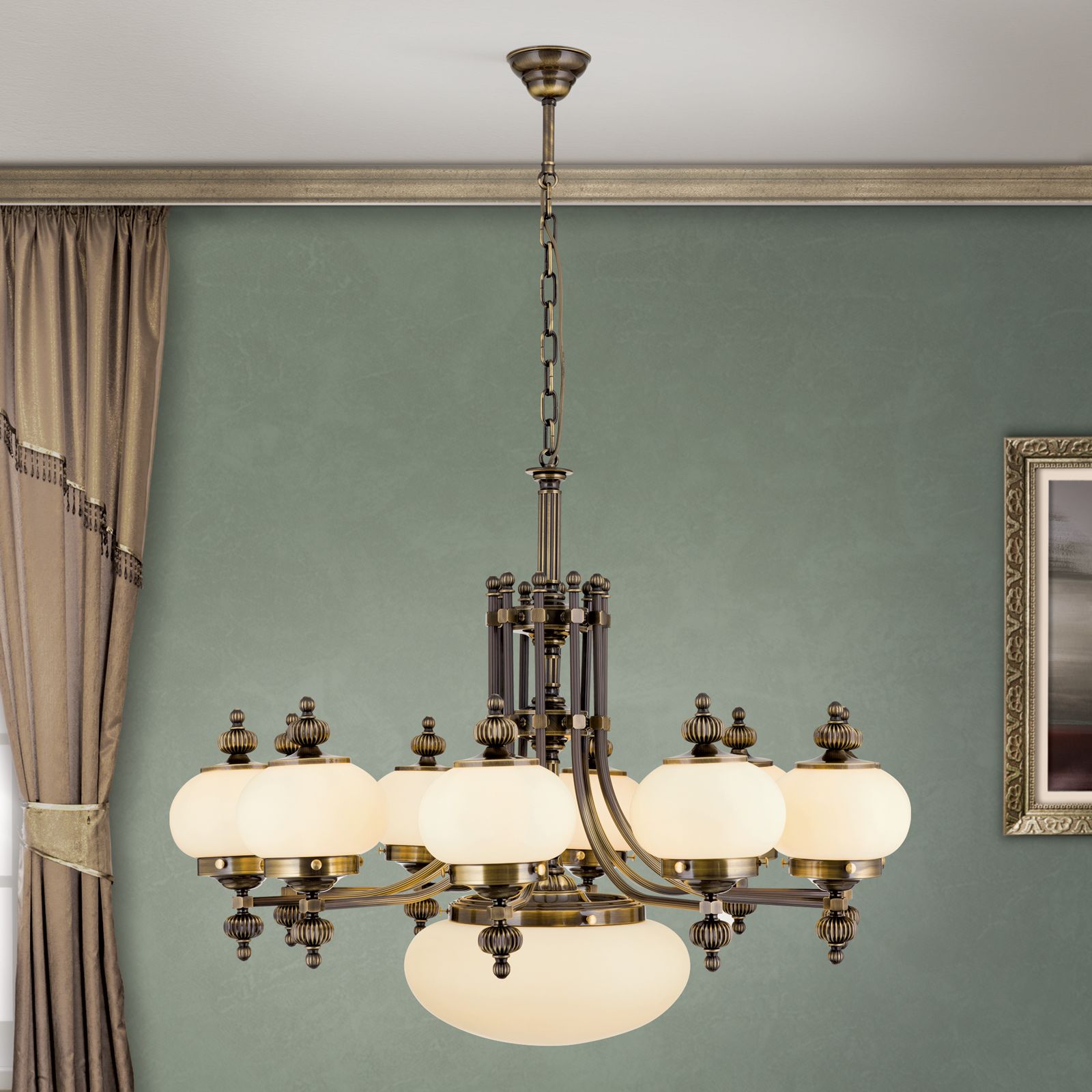 Luster WIENER NOSTALGIE, 10+1-flammig, patina, mit champagne matten Gläsern, aufwärts