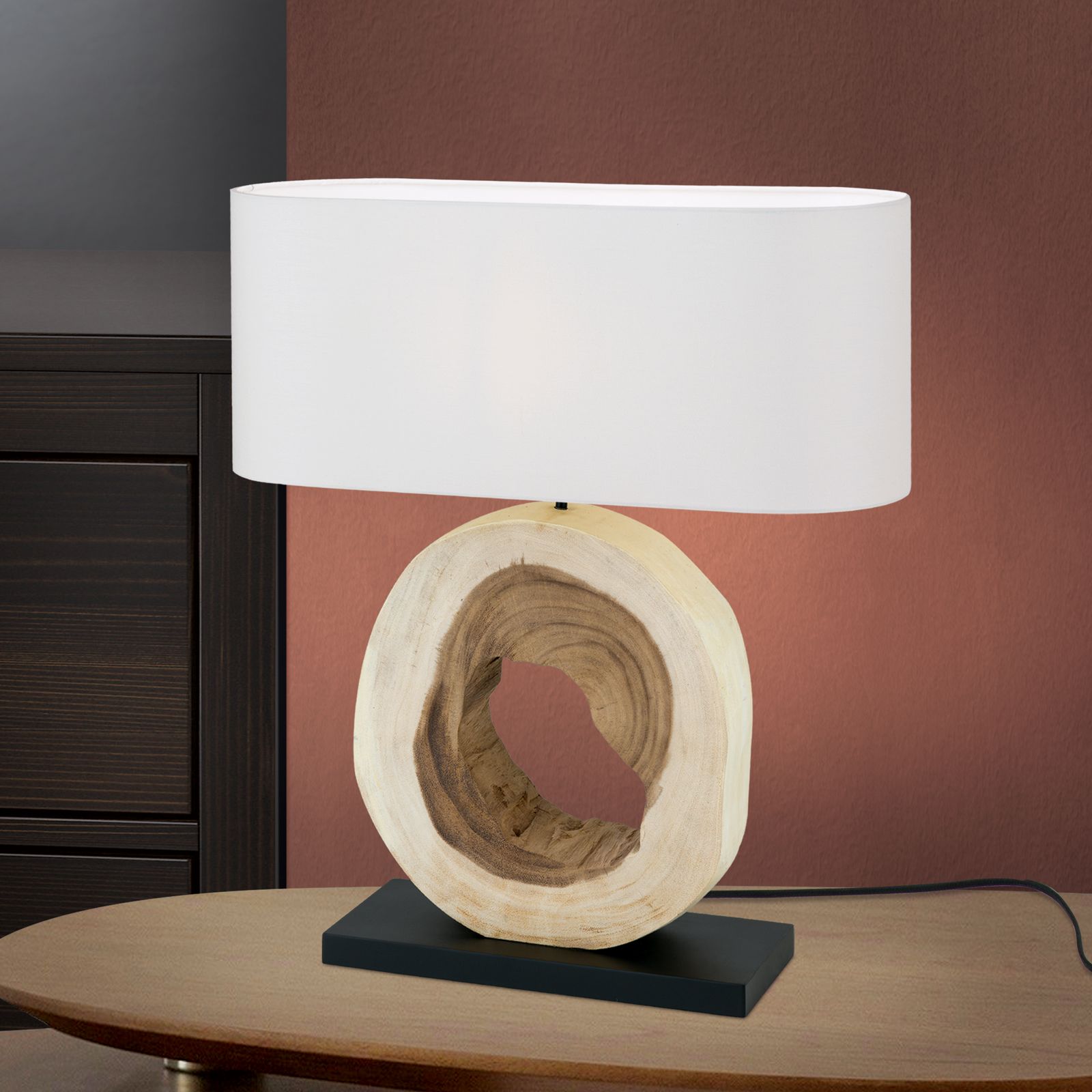 Stolní lampa NATHAN, přírodní dřevo s bílým látkovým stínidlem