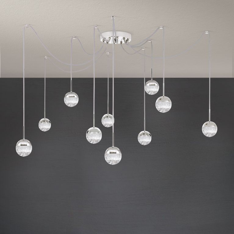 Cluster light BALL, 10-flames, nickel, with clear crystal glass in line cut
