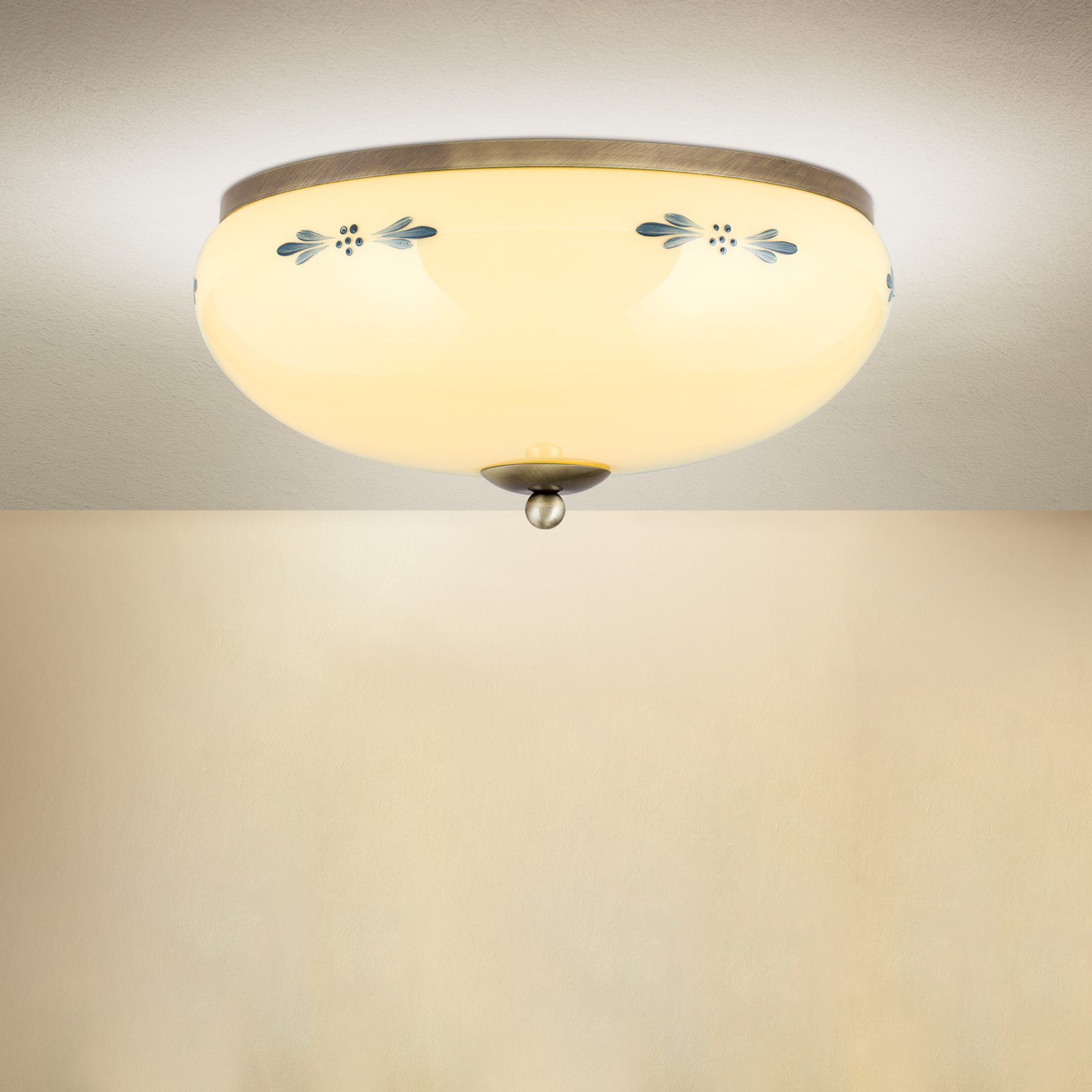 Stropní svítidlo LANDHAUS, patina, s modrým dekorem, s knoflíkem, Ø 35 cm