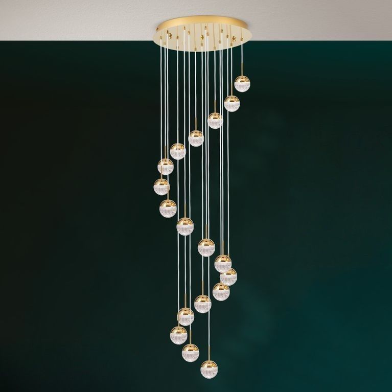 Spiral chandelier BALL, Ø 60cm, gold, with white textile cable and clear crystal glass in line cut.