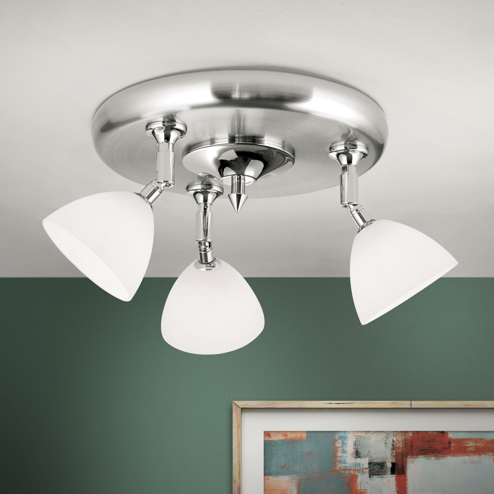 Spotlight OPALDESIGN, 3 heads & round shape, satin chrome finish with opal glass