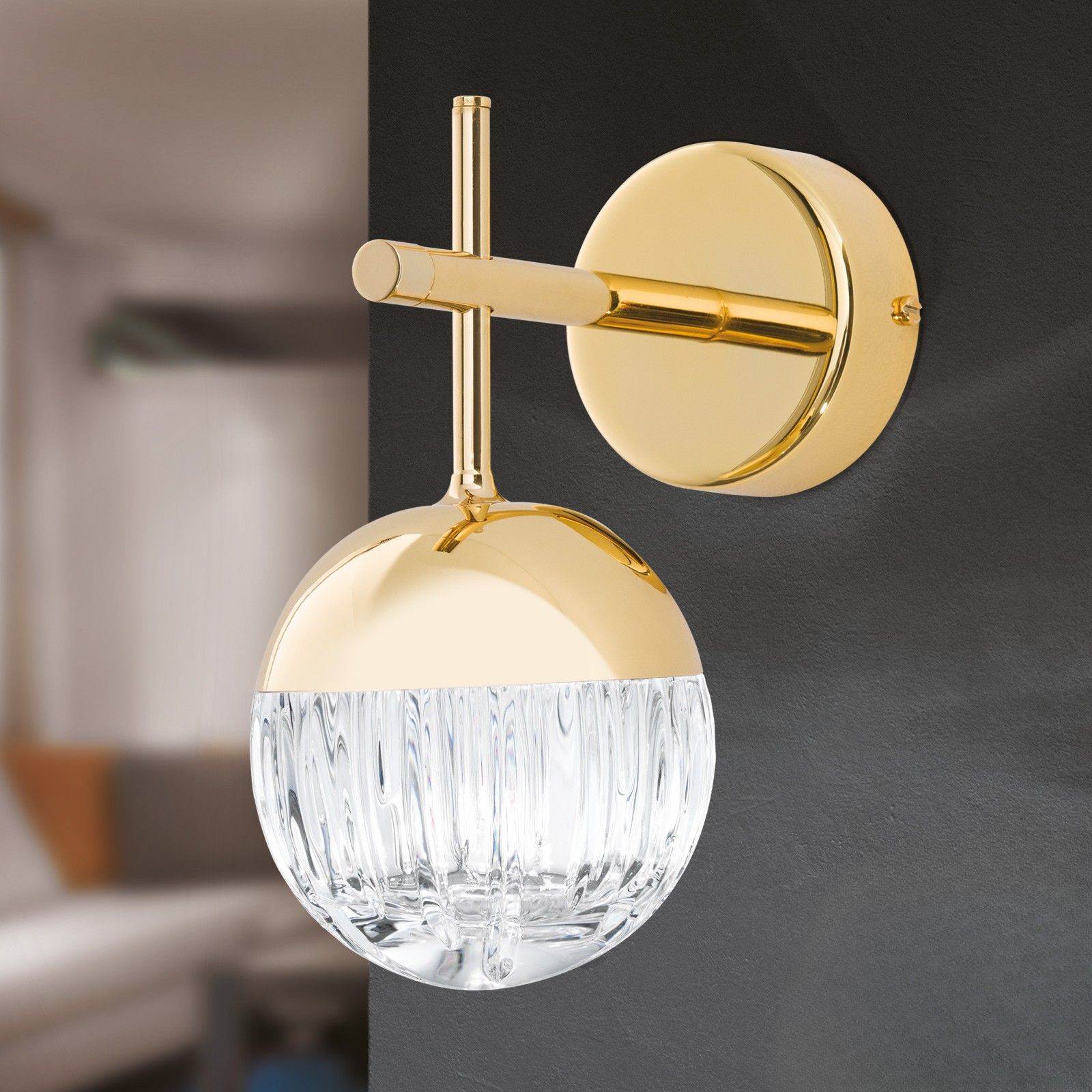 BALL wall light, 24K gold plated with clear crystal glass with handmade line cut