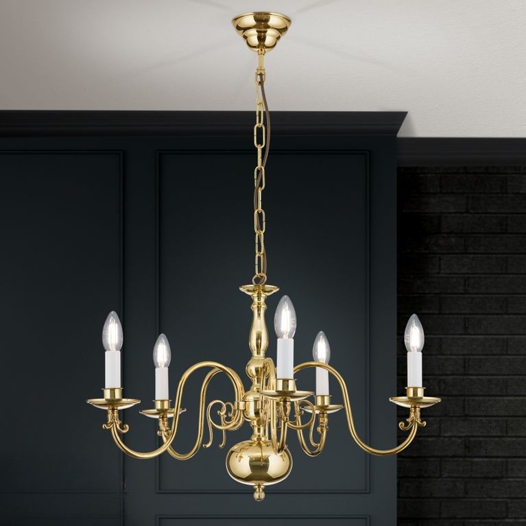 Lustr ve stylu FLÄMISCH, 5 plamenů, lesklá mosaz