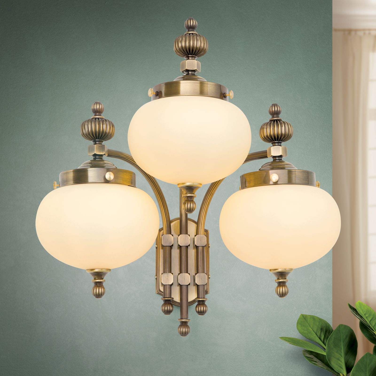 Wall light WIENER NOSTALGIE, 3 lamps downwards, antique brass finish, champagne coloured glasses