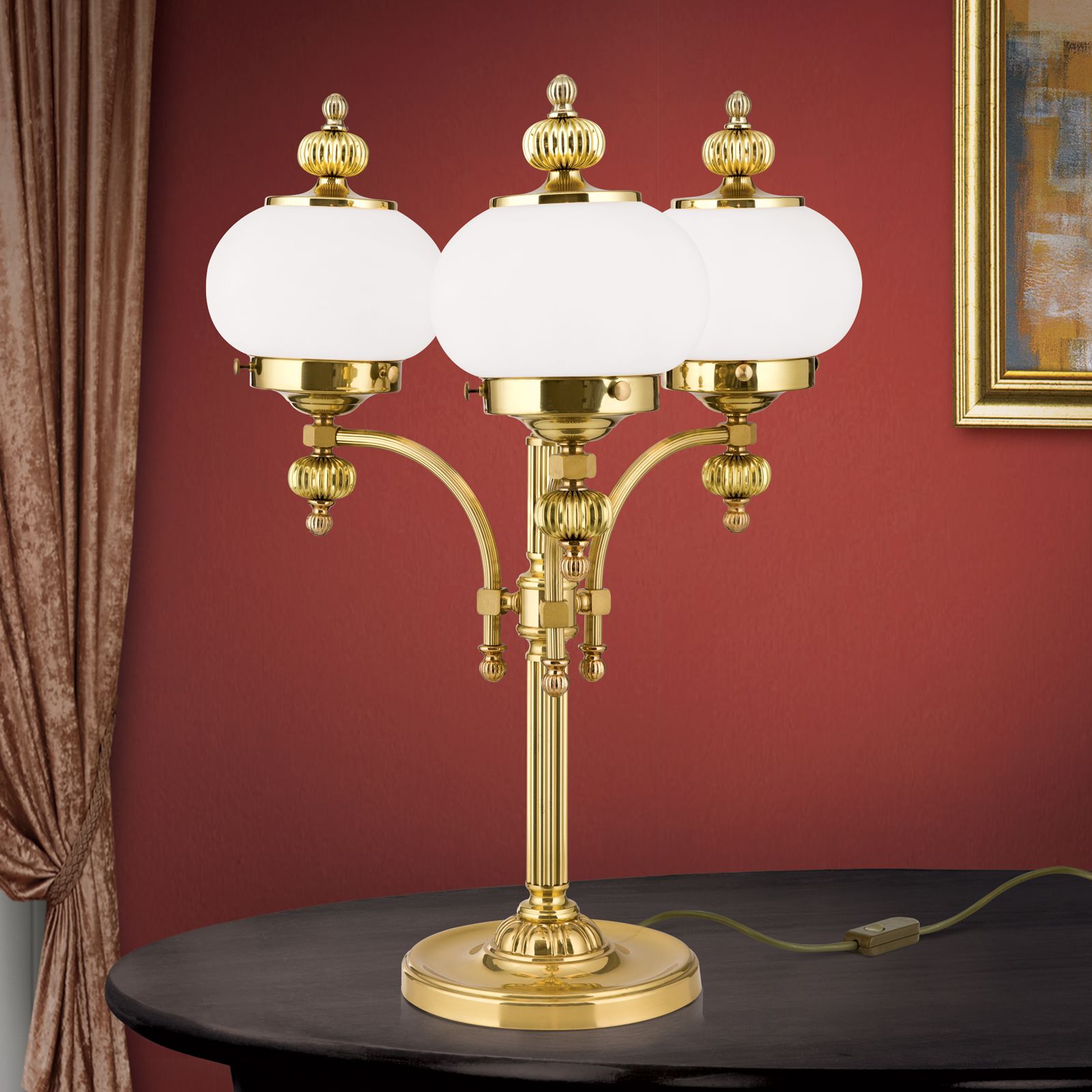 Table lamp WIENER NOSTALGIE, 3-flames, shiny brass, with opal matt glass