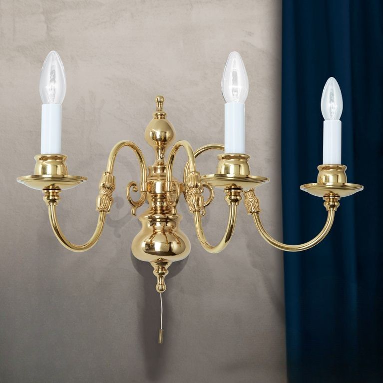 Wall arm lamp FLÄMISCH, 3-lamps, shiny brass