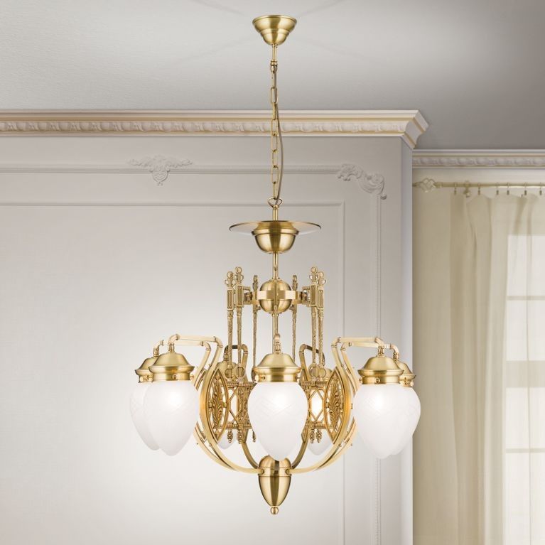 Chandelier BUDAPEST, 7-flames, gold, with clear frosted glass