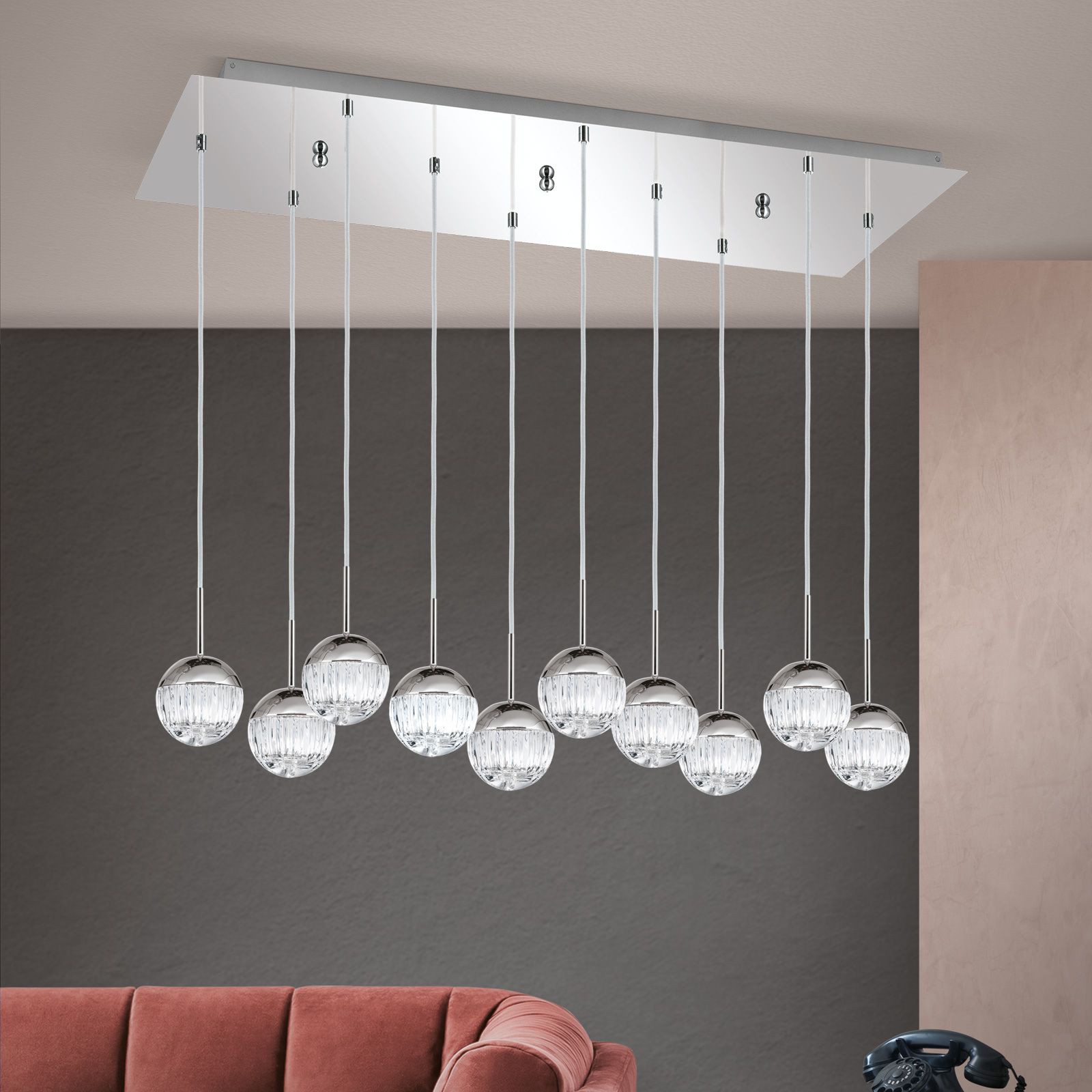 Rectangular pendant lamp BALL, nickel, with silver textile cable and clear line-cut crystal glass