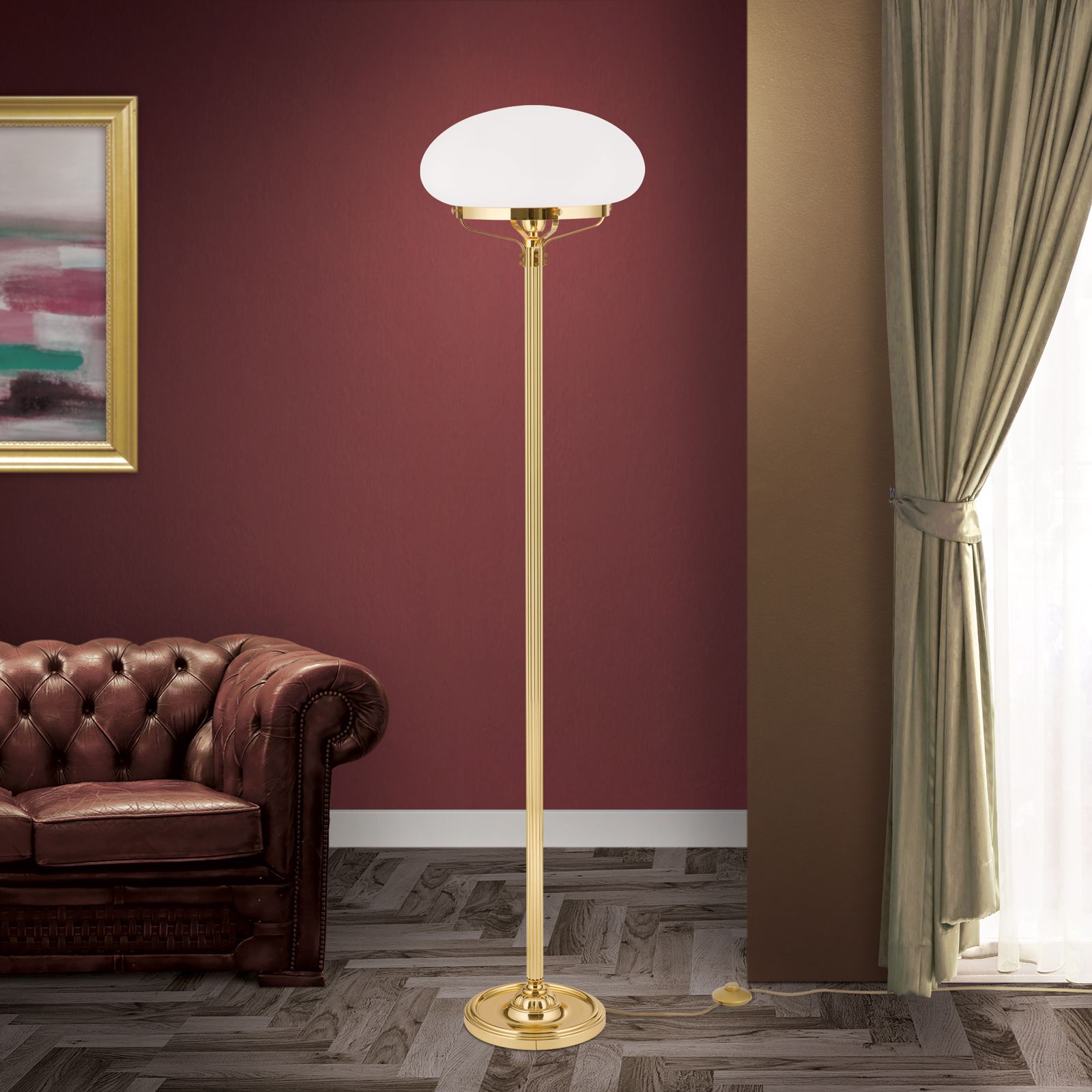 Stehlampe WIENER NOSTALGIE, Messing-glänzend, mit opal mattem Glas