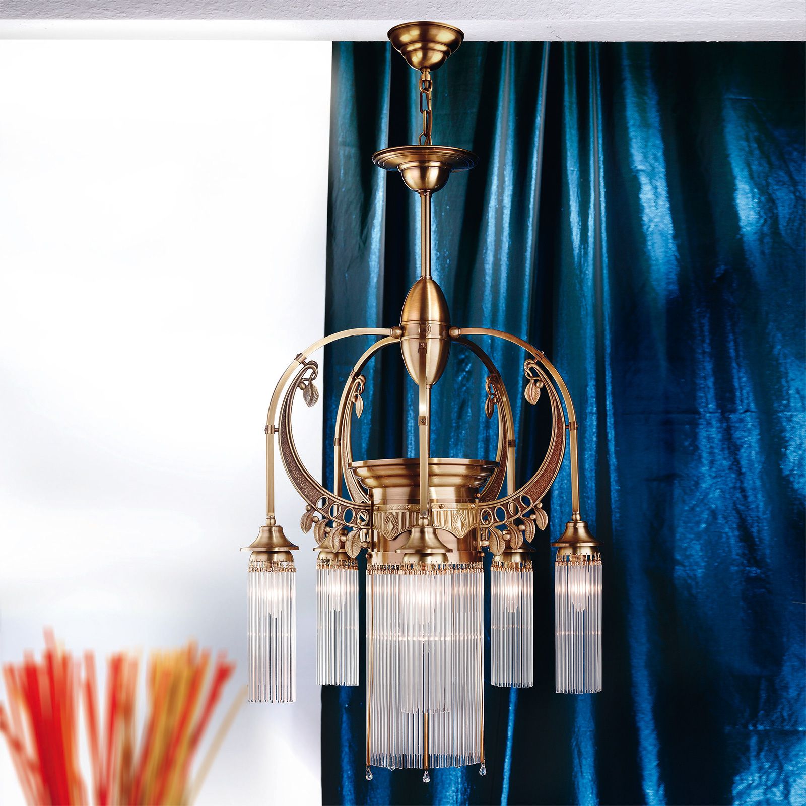 Chandelier ADELE, 6-flames, old brass, with glass rods