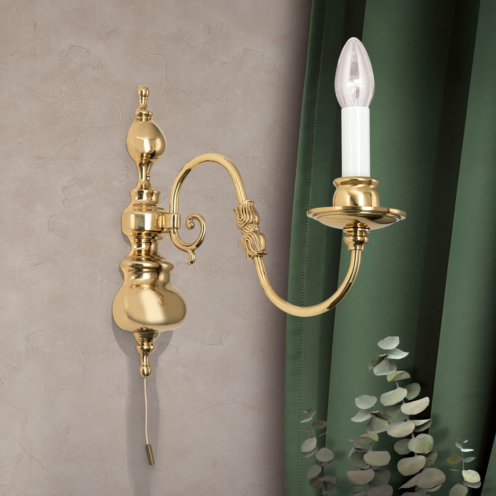 Wall arm lamp FLÄMISCH, 1-flame, shiny brass