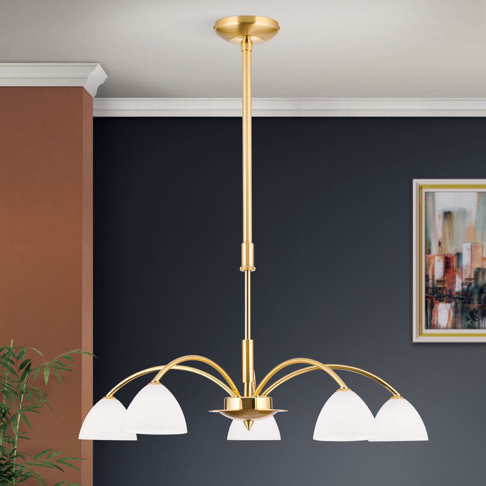 Chandelier OPALDESIGN, 5-flames, gold matt, with opal glass