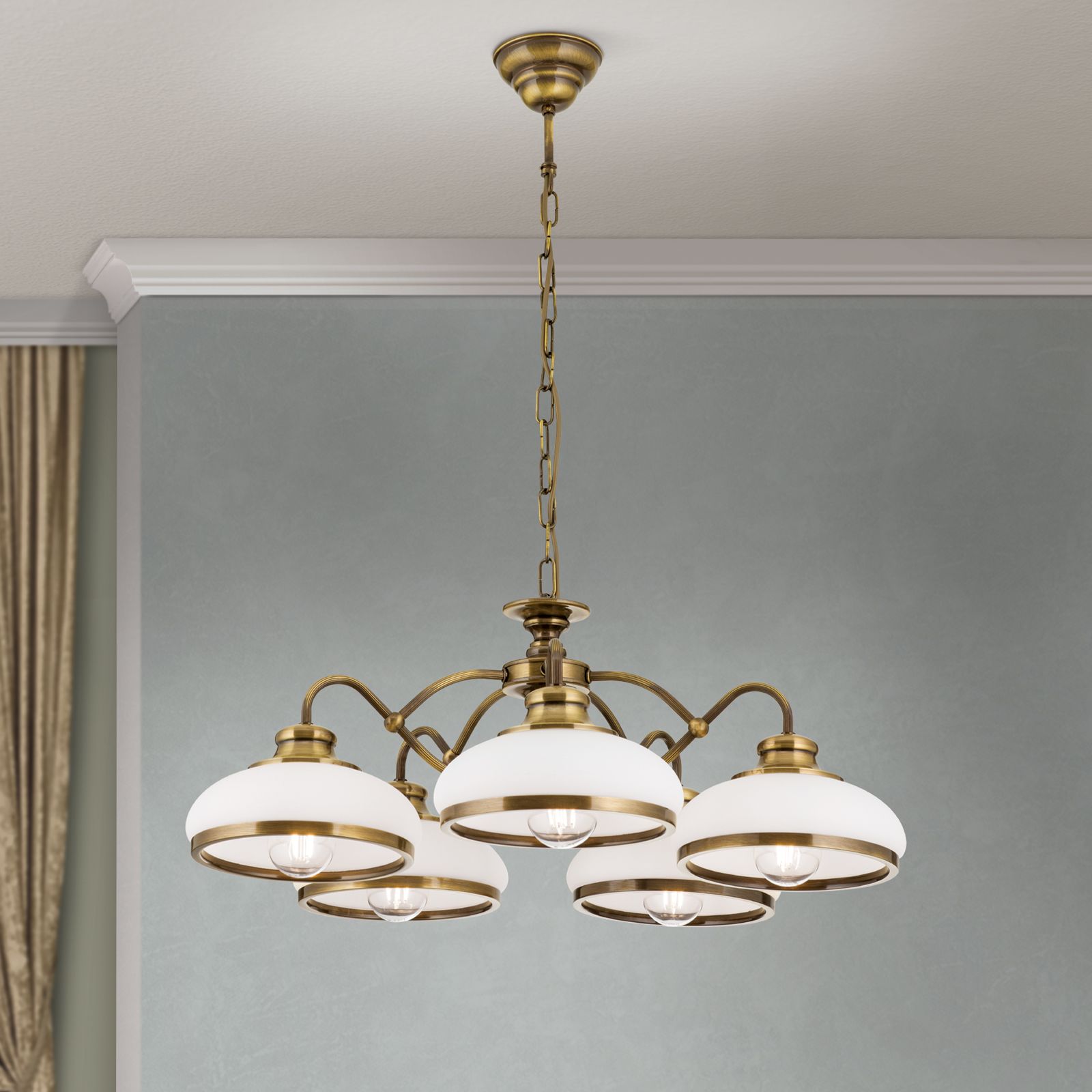 Luster LANDHAUS, 5-flammig, Patina, mit Opalgläsern