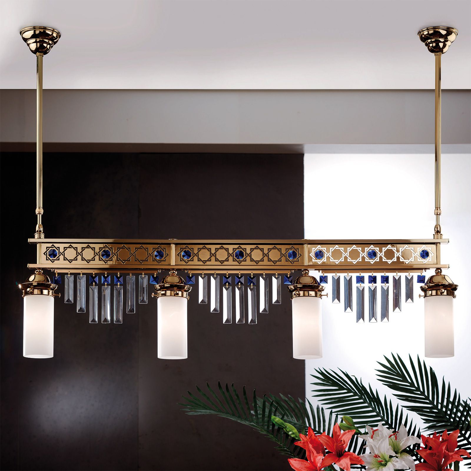 Pendant lamp ORIONtal, 4-flames, gold, with blue crystal prisms