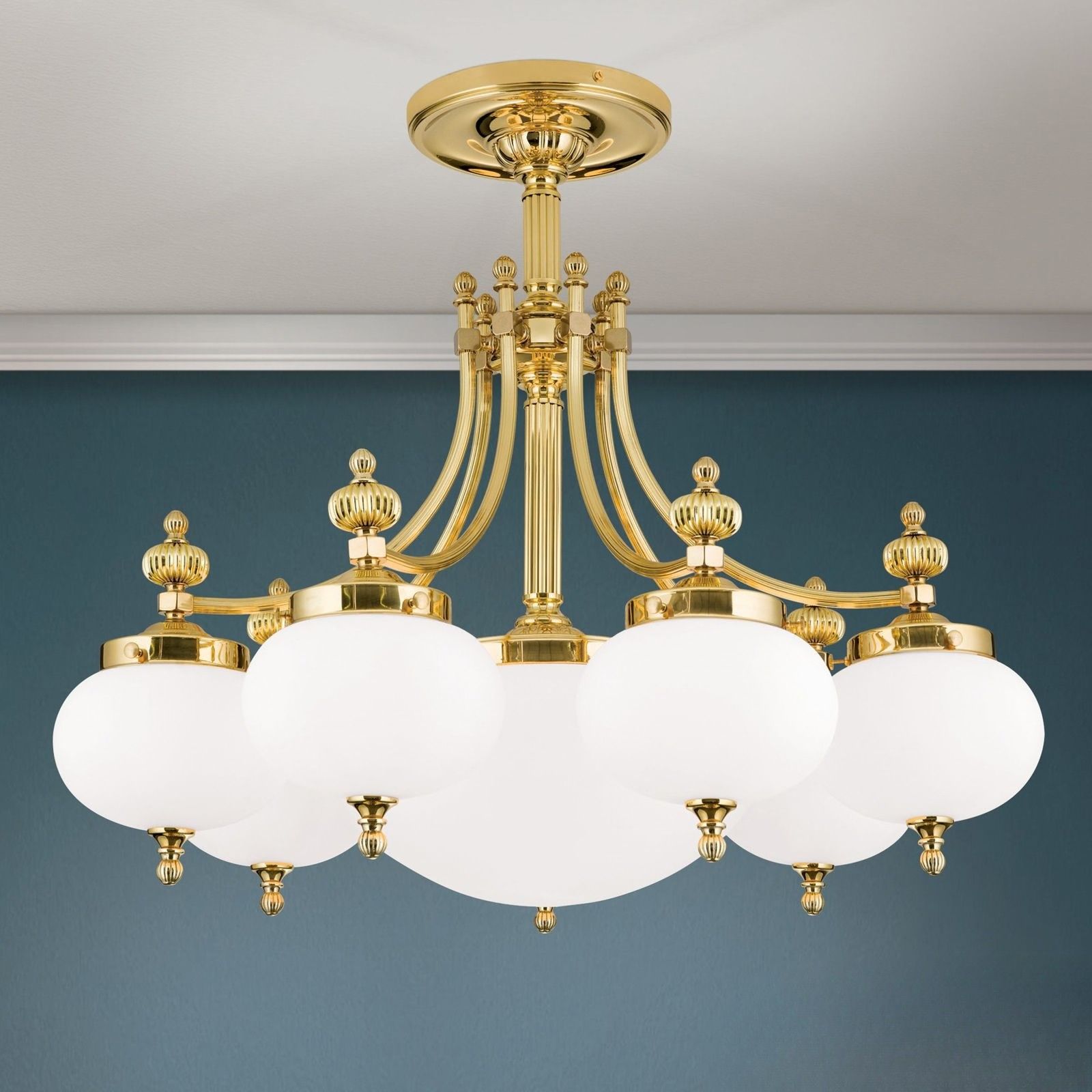 Ceiling chandelier WIENER NOSTALGIE, 7+1-flames, shiny brass, with opal matt glass