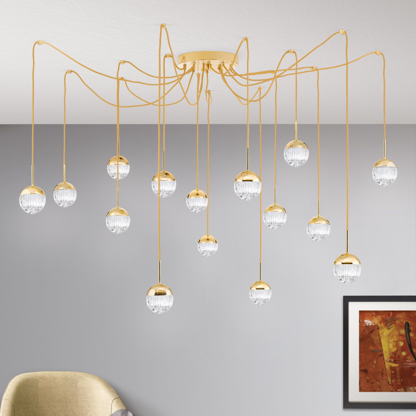 Cluster light BALL, 15-flames, gold, with clear line-cut crystal glass