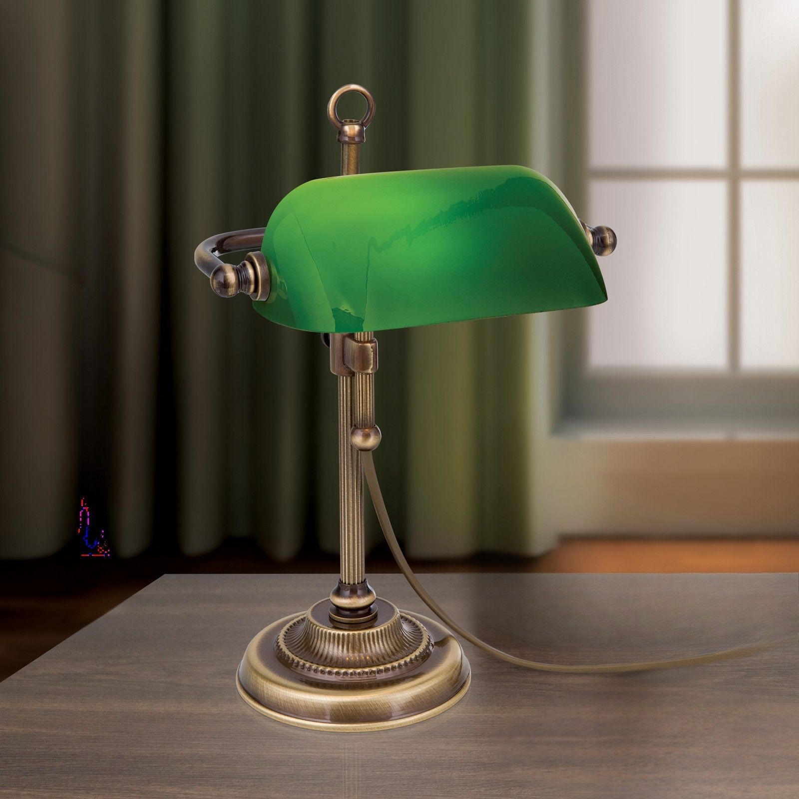 Bankovní lampa HARVARD, patina se zeleným skleněným stínidlem, 32cm