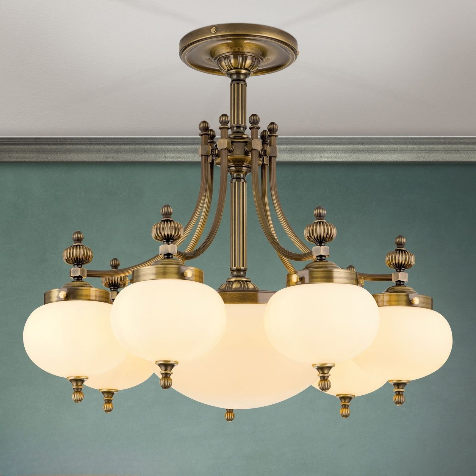 Ceiling light WIENER NOSTALGIE, 7+1 lamps, antique brass finish, champagne coloured glasses