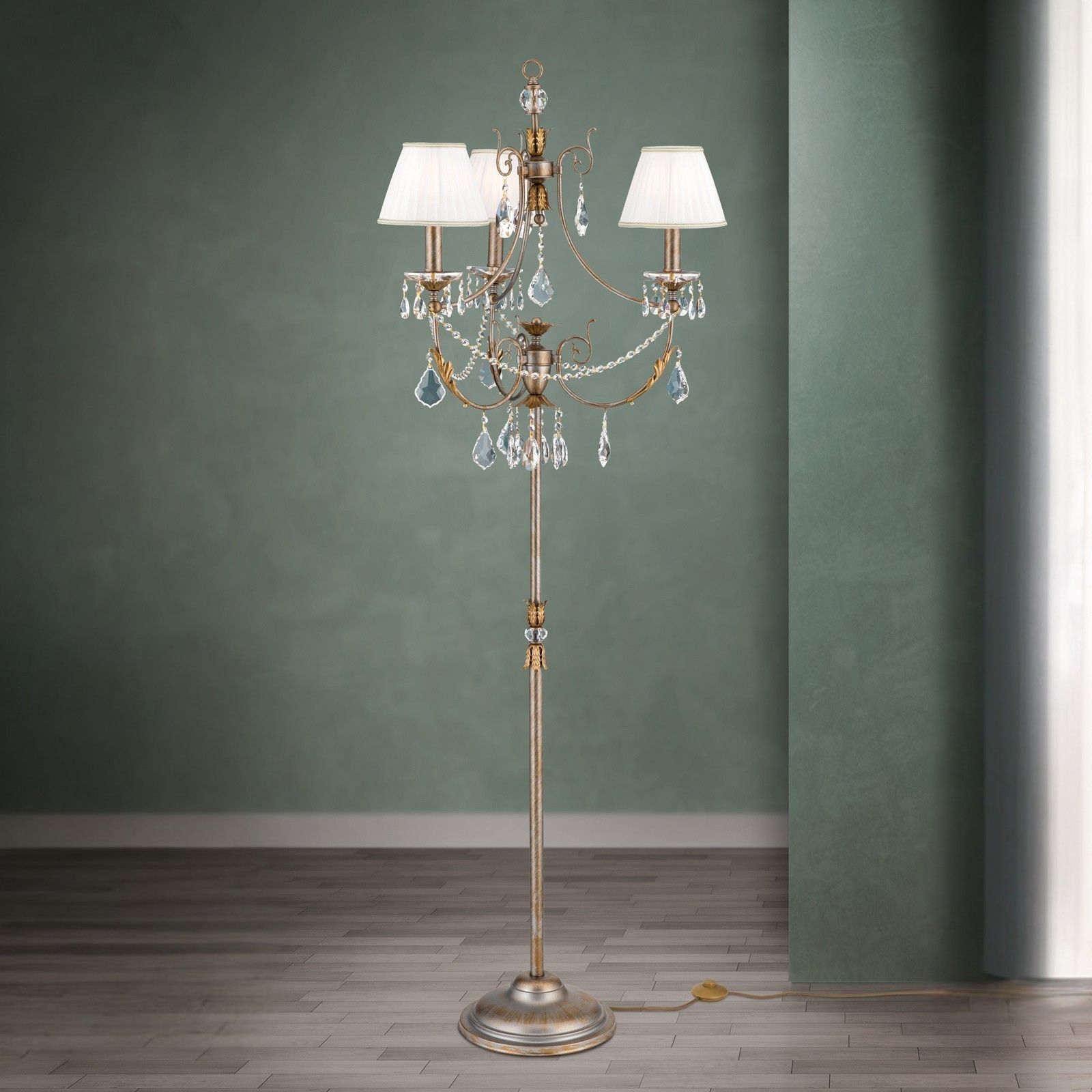 Floor lamp MIRAMARE, silver-gold finish, 3 lamps, with white organza shades