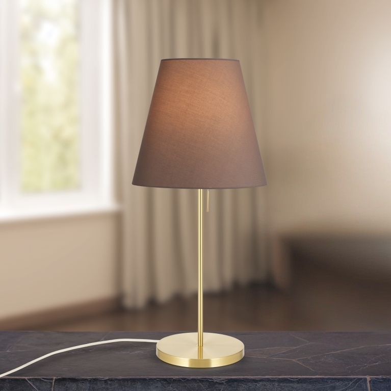 Tischleuchte SHADE, Large, Messing-matt, mit konischem, braunem Schirm