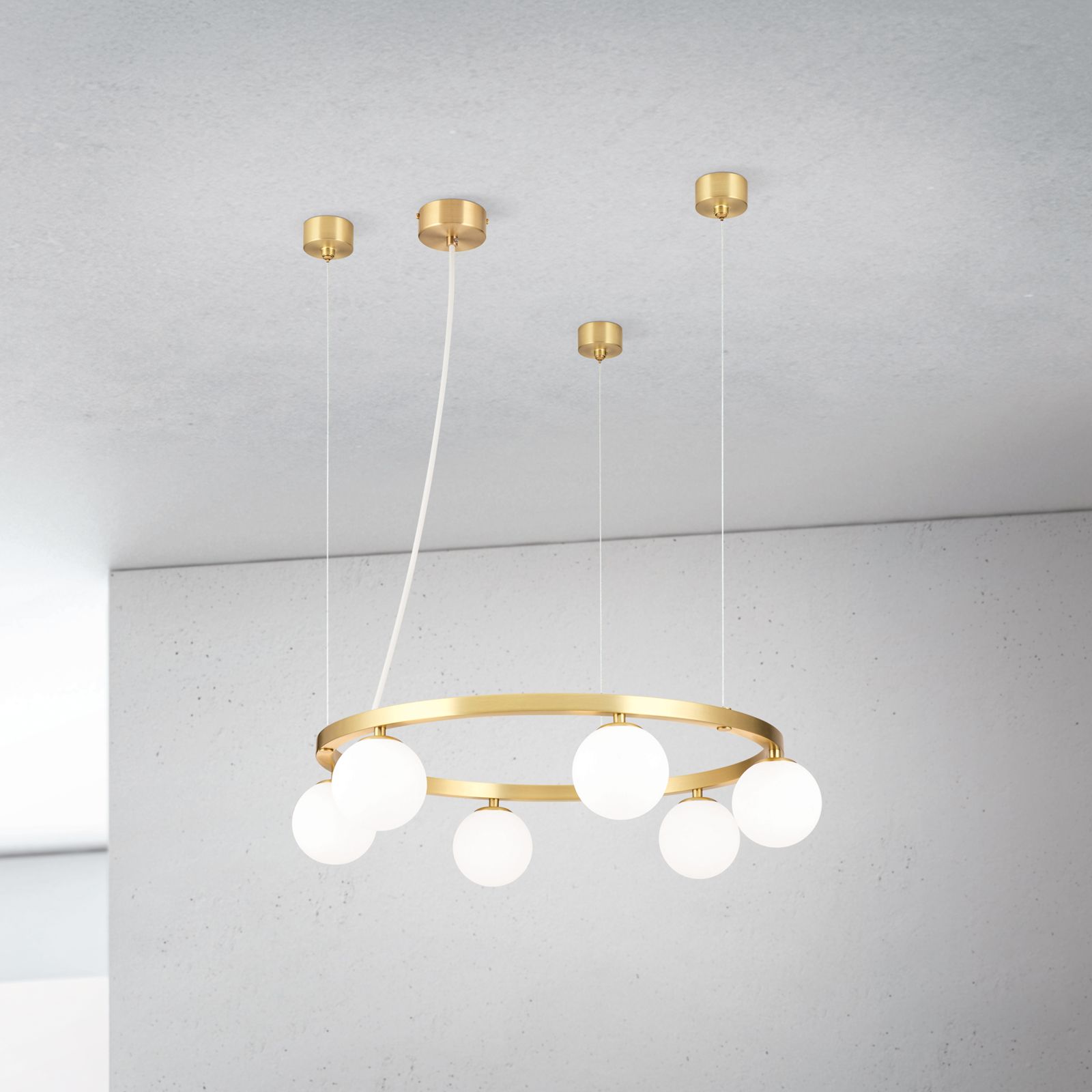 Pendant light TUMBLER, Ø 65cm, glass opal matt downwards, brass matt