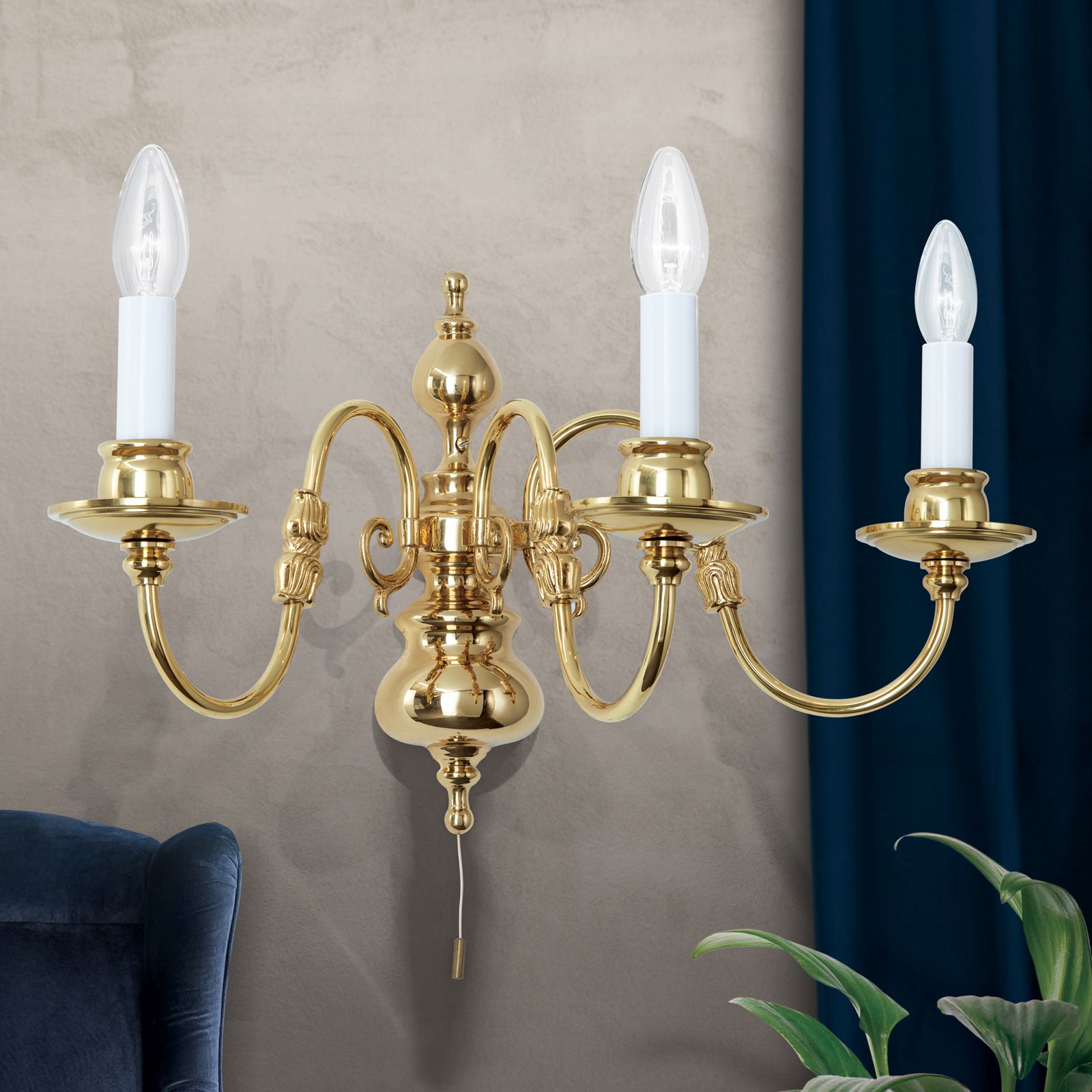 Wall arm lamp FLÄMISCH, 3-lamps, shiny brass