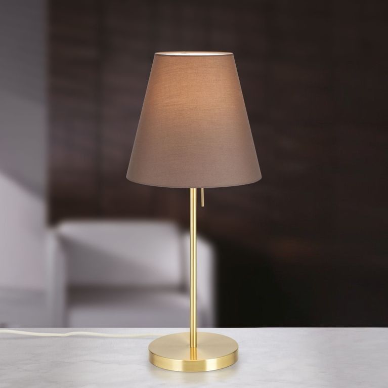 Tischleuchte SHADE, Medium, Messing-matt, mit konischem, braunem Schirm