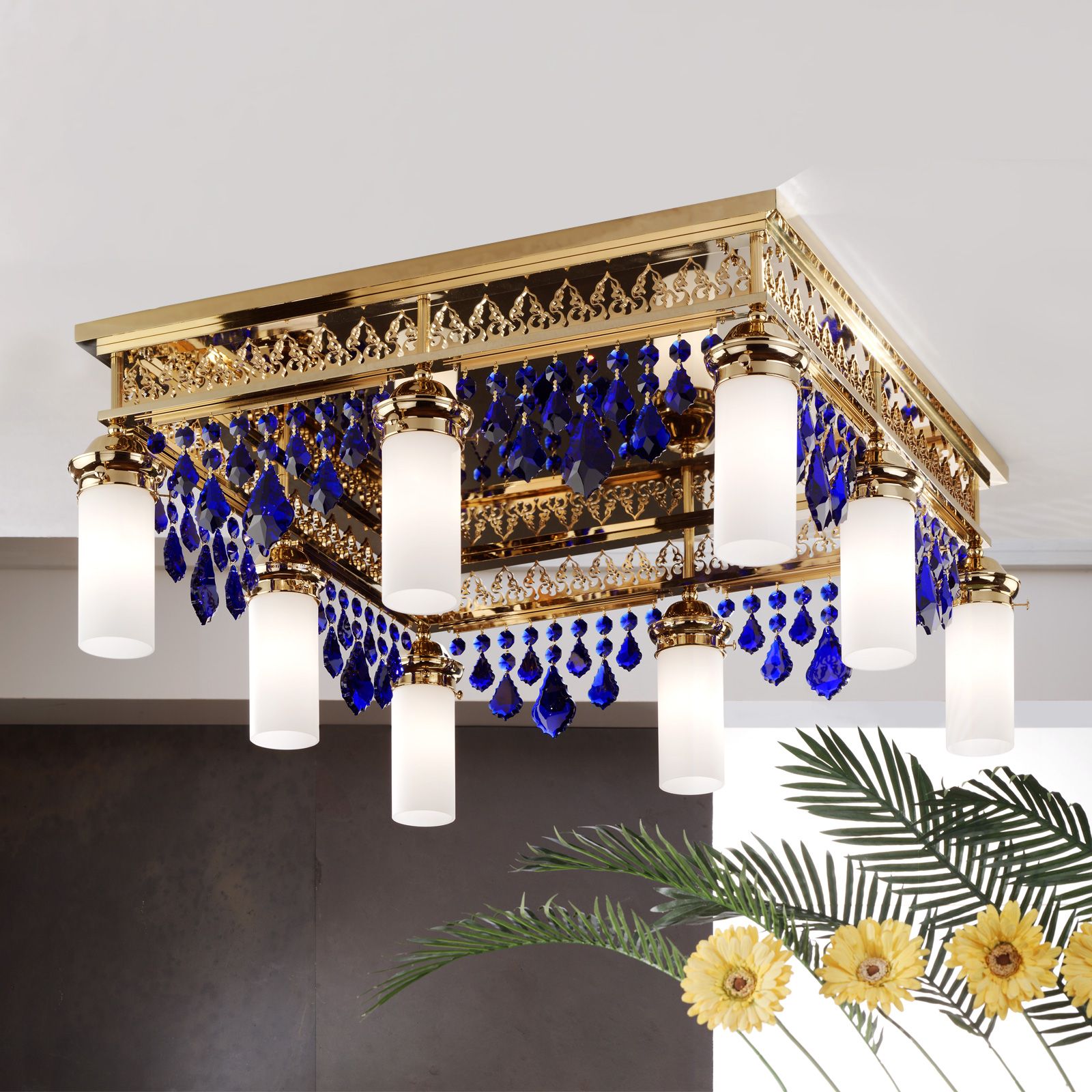 Ceiling chandelier ORIONtal, 8-flames, gold, with blue crystal pendants