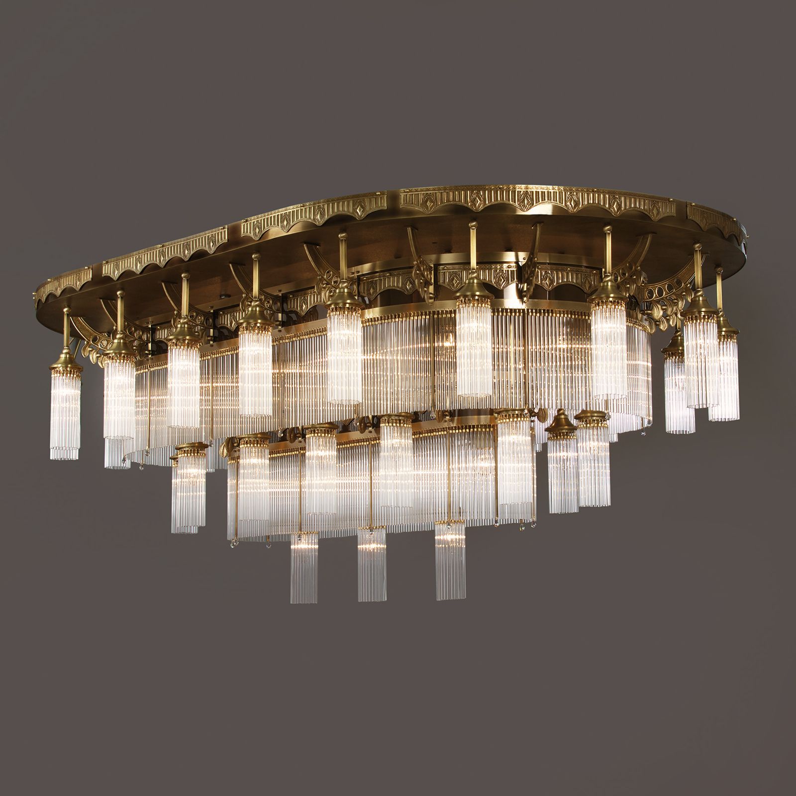 Ceiling Light ADELE, 33 lamps, Antique Brass finish, with crystal glass sticks