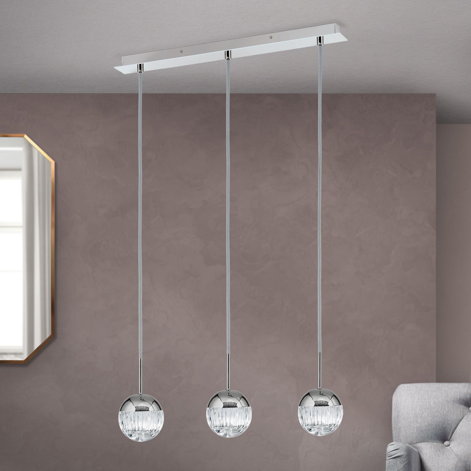 3-flames pendant lamp BALL, nickel, with silver textile cable and clear crystal glass in line cut