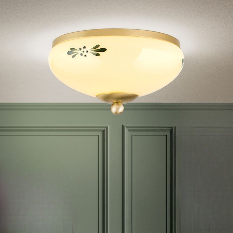 Deckenleuchte LANDHAUS, Messing, mit grünem Dekor, mit Knopf, Ø 21cm