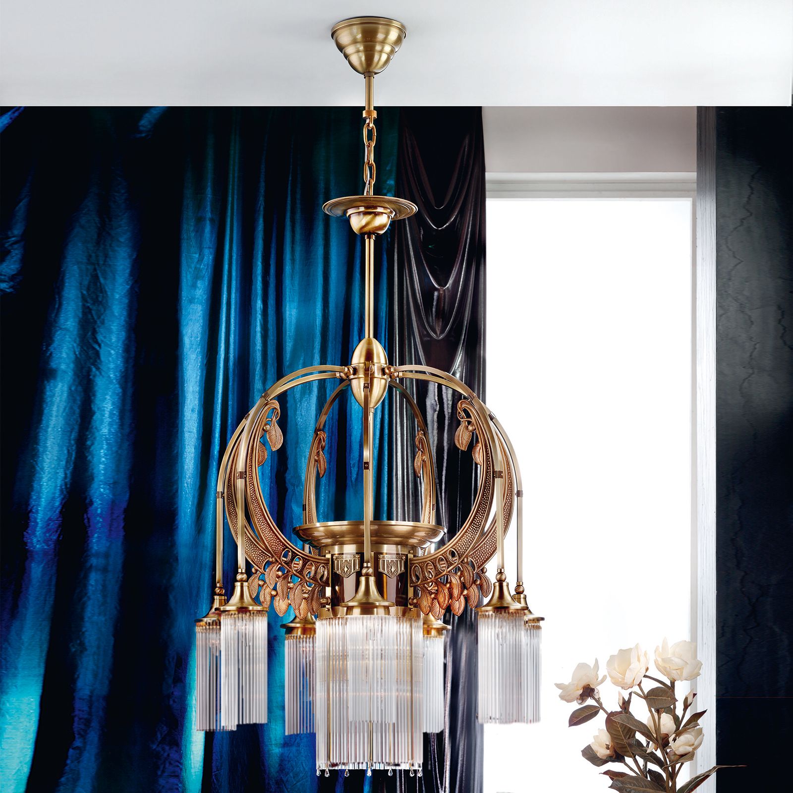 Chandelier ADELE, 8-lamps, old brass, with glass rods