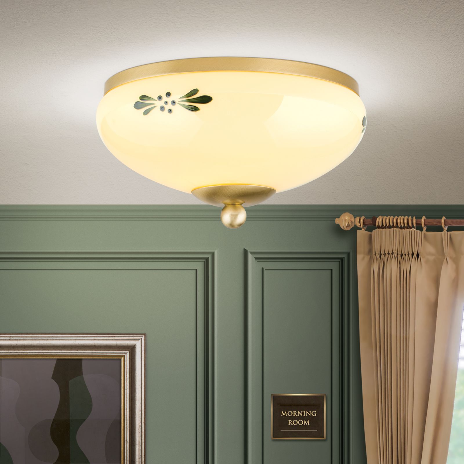 Deckenleuchte LANDHAUS, Messing, mit grünem Dekor, mit Knopf, Ø 21cm