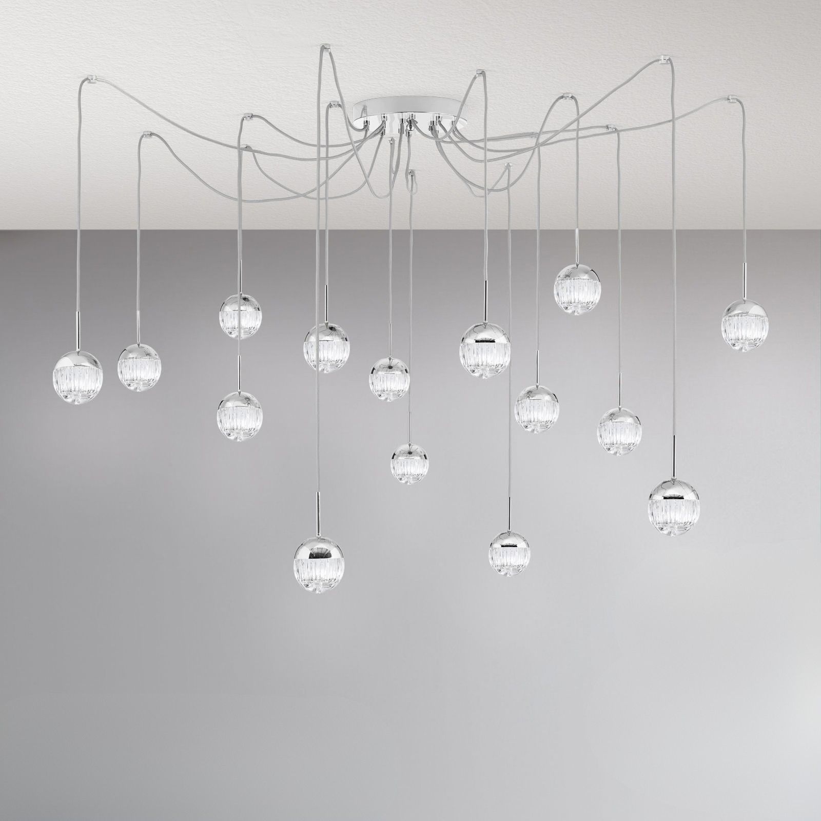 BALL Cluster, 15 lamps, nickel plated with clear crystal glasses with handmade line cut