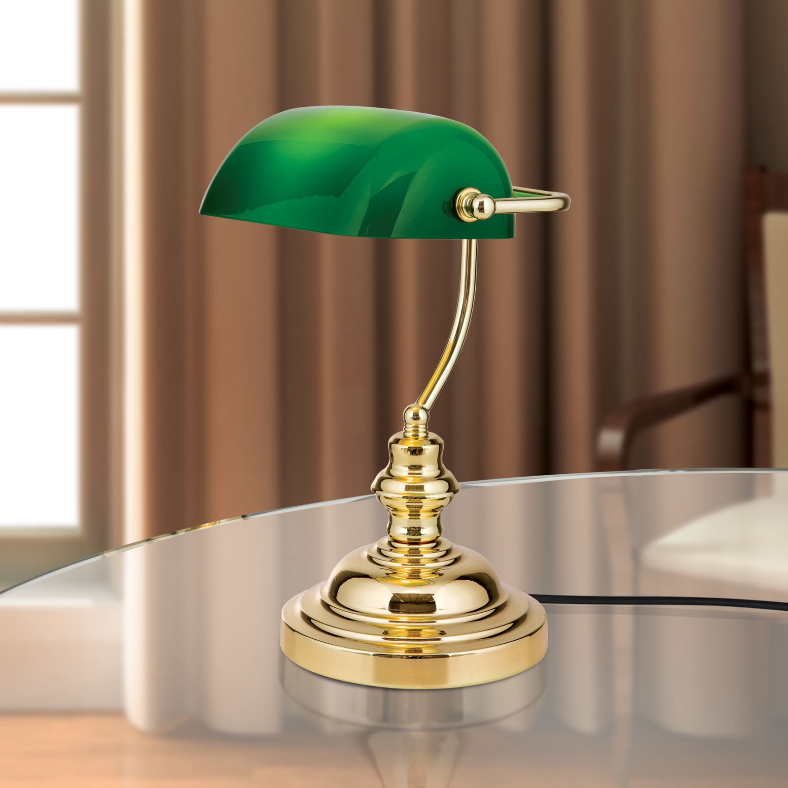 Bankers Lamp, Shiny Brass finish & green glass shade
