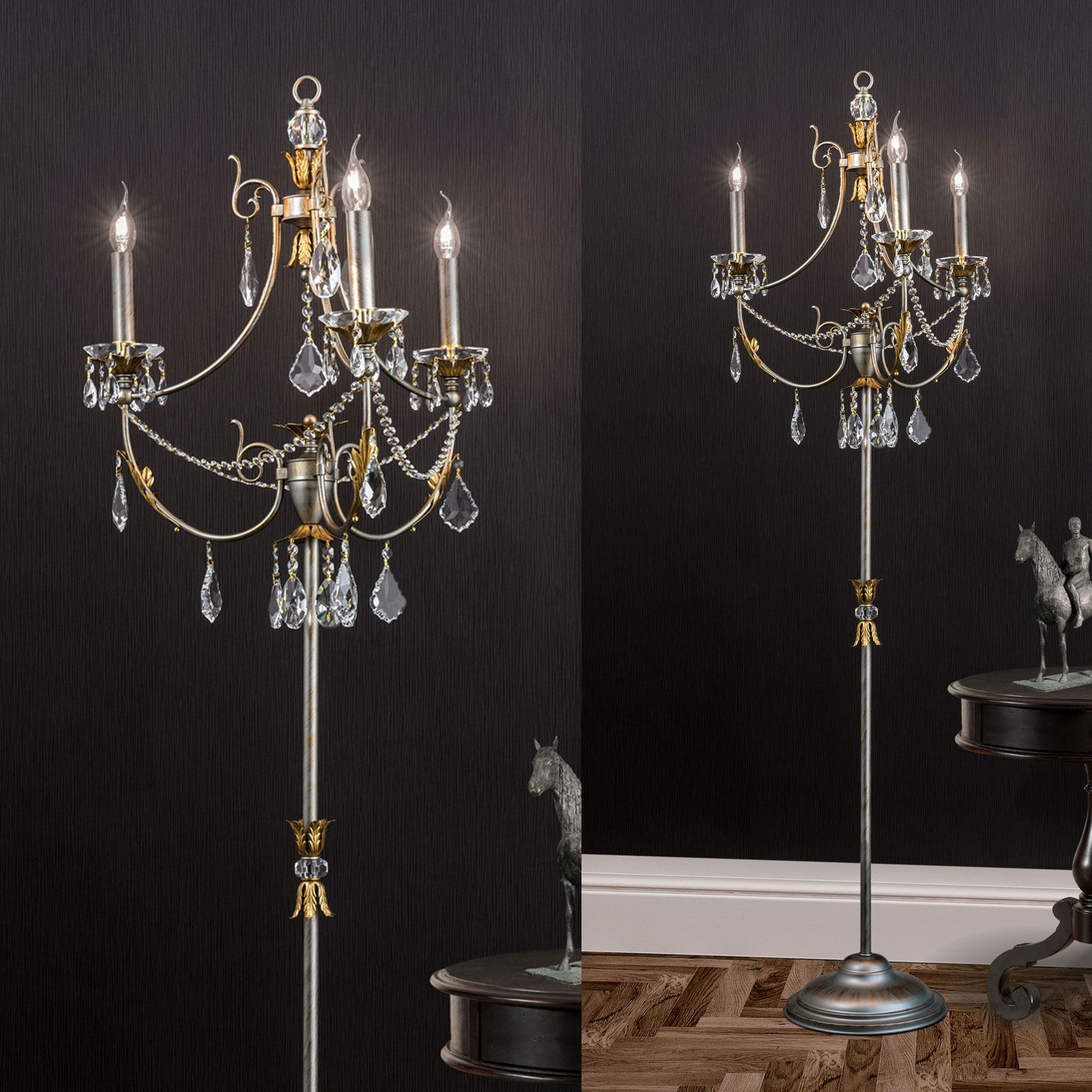 Stehlampe MIRAMARE, 3-flammig, silbergold