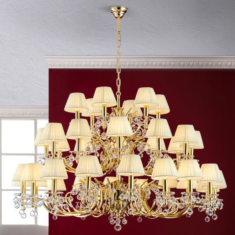 Luster KRISTALLDESIGN, 36-flammig, Gold mit champagnerfarbenen Stoffschirmen