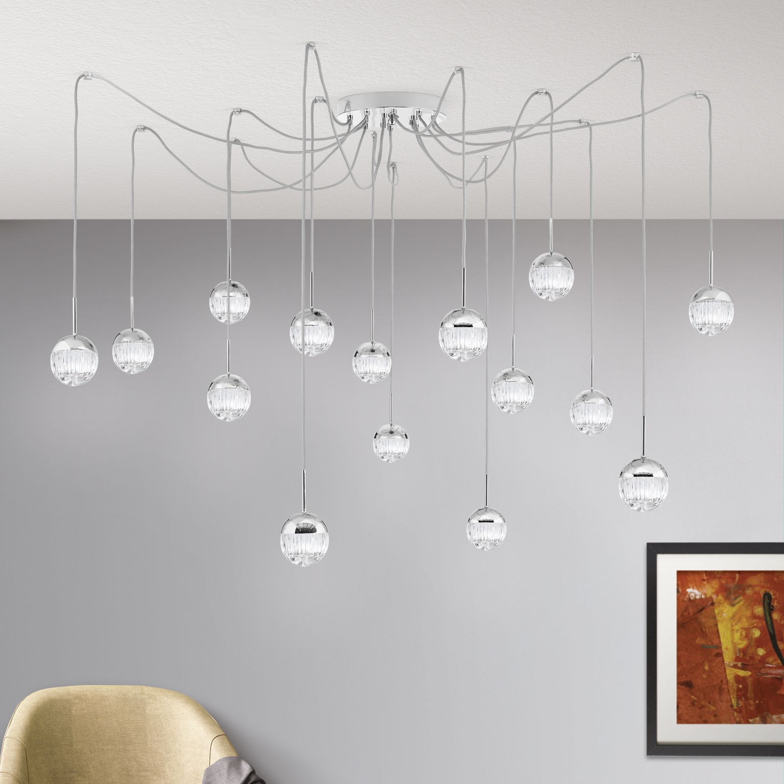 BALL Cluster, 15 lamps, nickel plated with clear crystal glasses with handmade line cut
