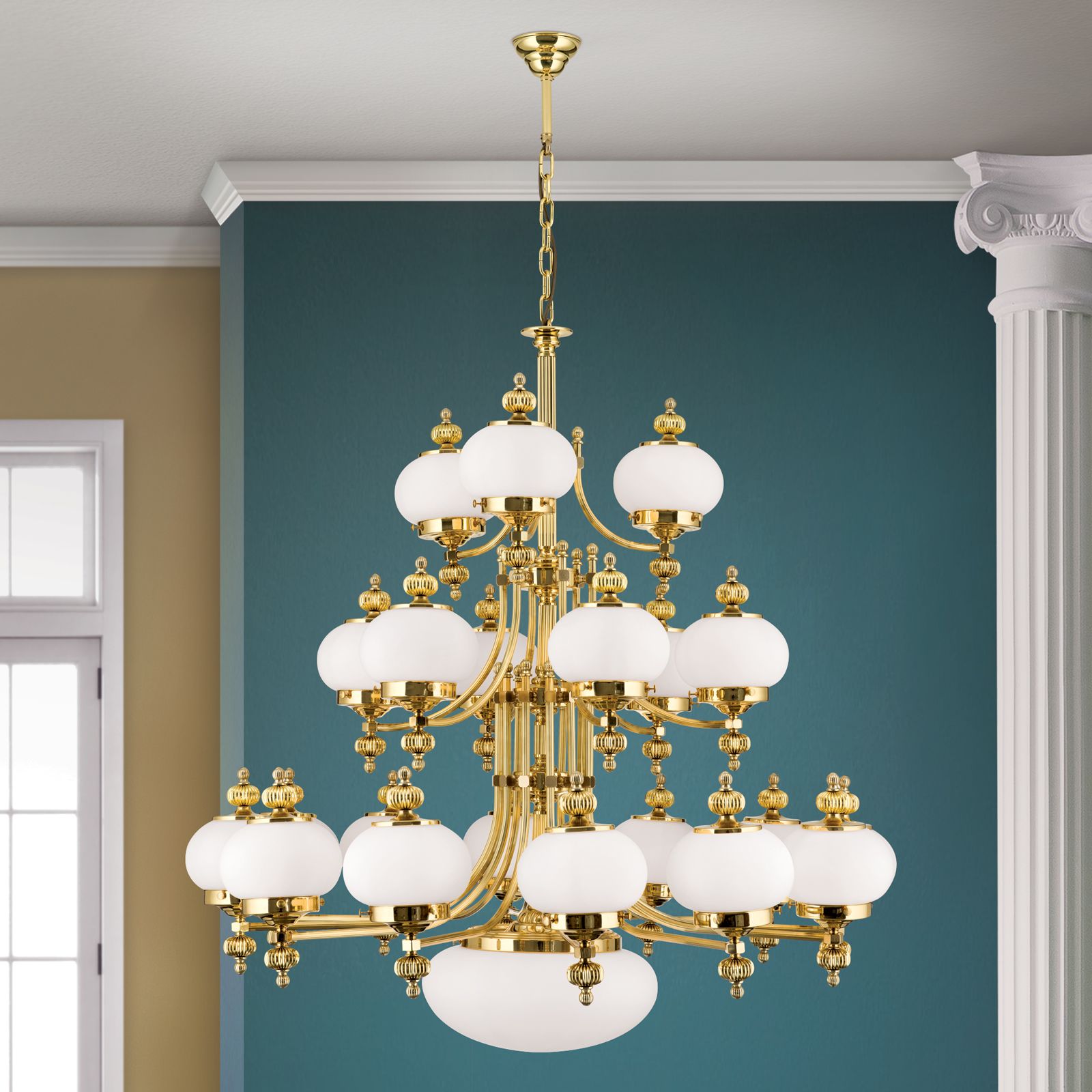 Chandelier WIENER NOSTALGIE, 22-flames, shiny brass, with opal matt glass, upwards
