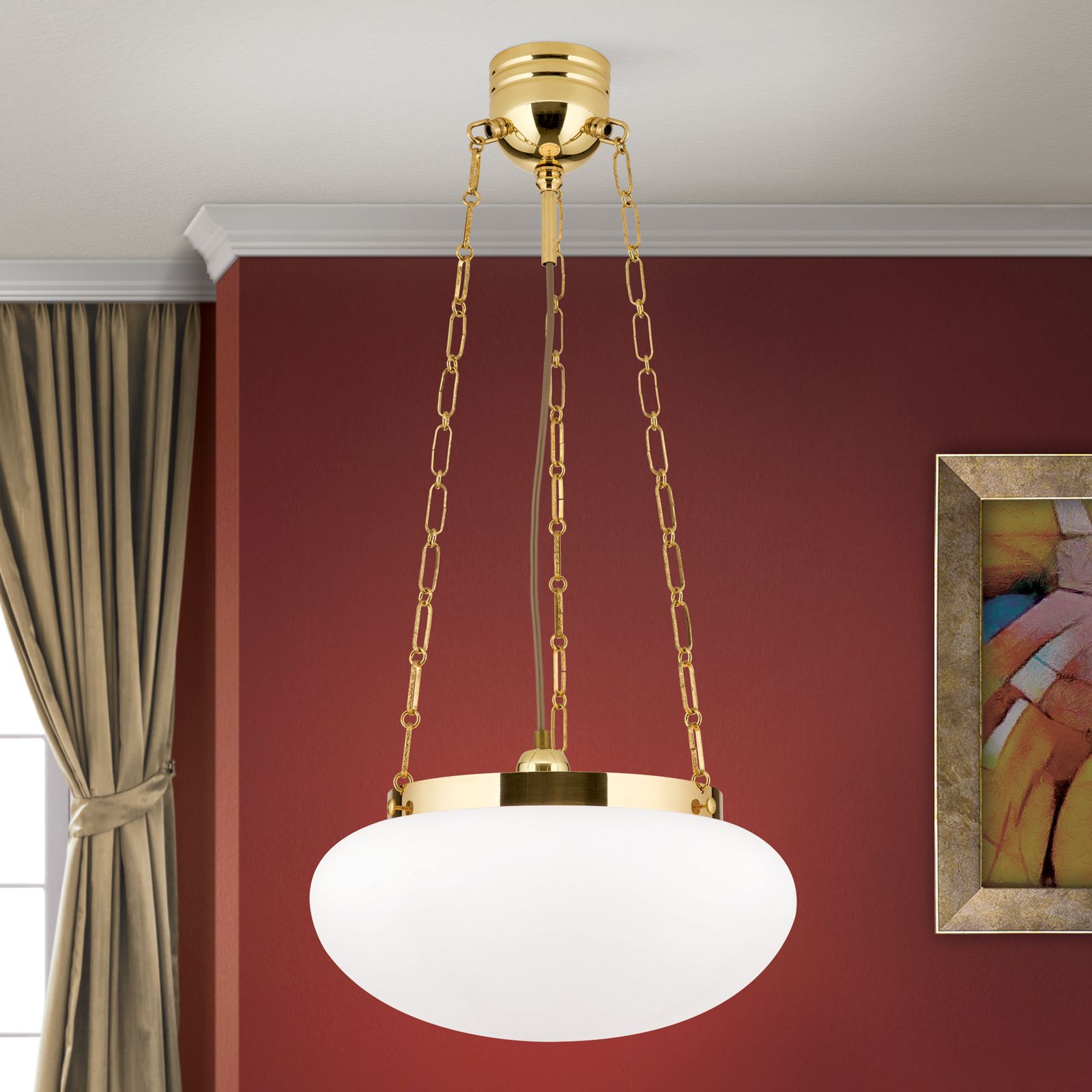 Hängeleuchte WIENER NOSTALGIE, Messing-glänzend, mit opal mattem Glas