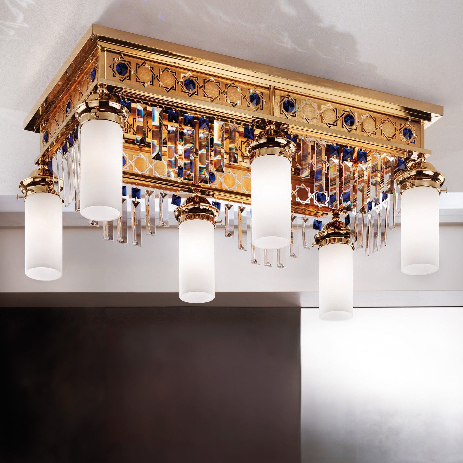 Ceiling chandelier ORIONtal, 6-flames, gold, with blue crystal prisms