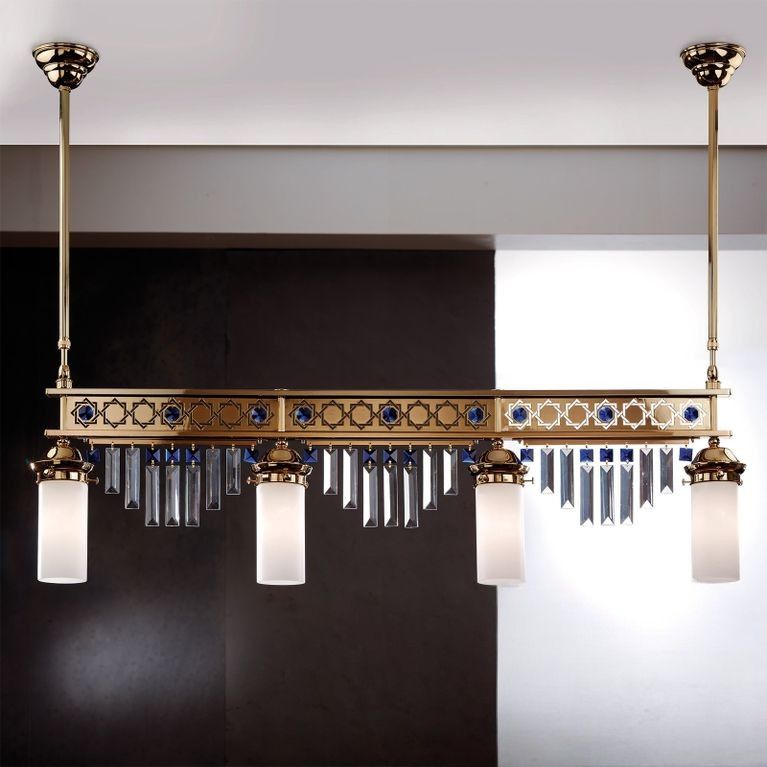 Hängeleuchte ORIONtal, 4-flammig, Gold, mit blauen Kristallprismen