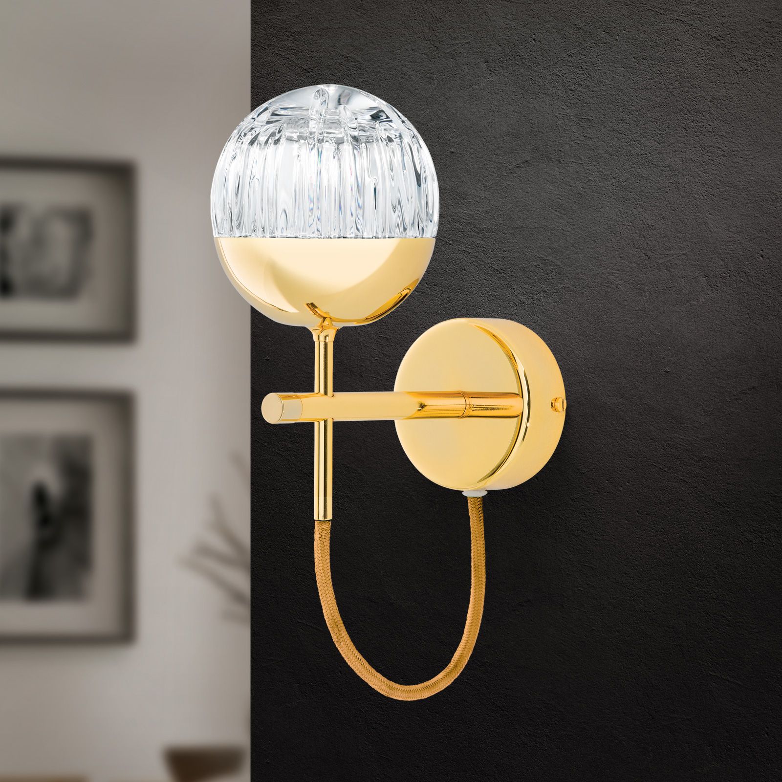 Wall light BALL, gold, with golden decorative cable and clear crystal glass in line cut